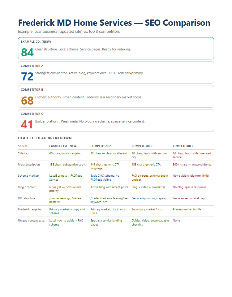 Sample comparative SEO report with score cards and a head-to-head breakdown table
